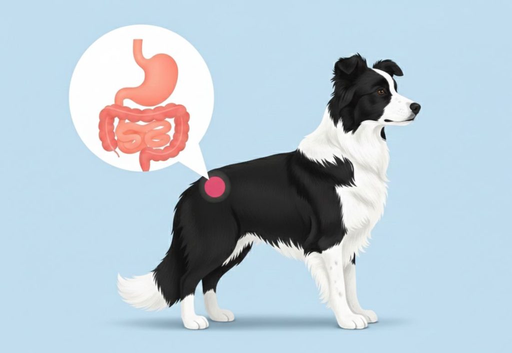 Border Collie med markeret maveregion og taleboble, der viser tarmsystem