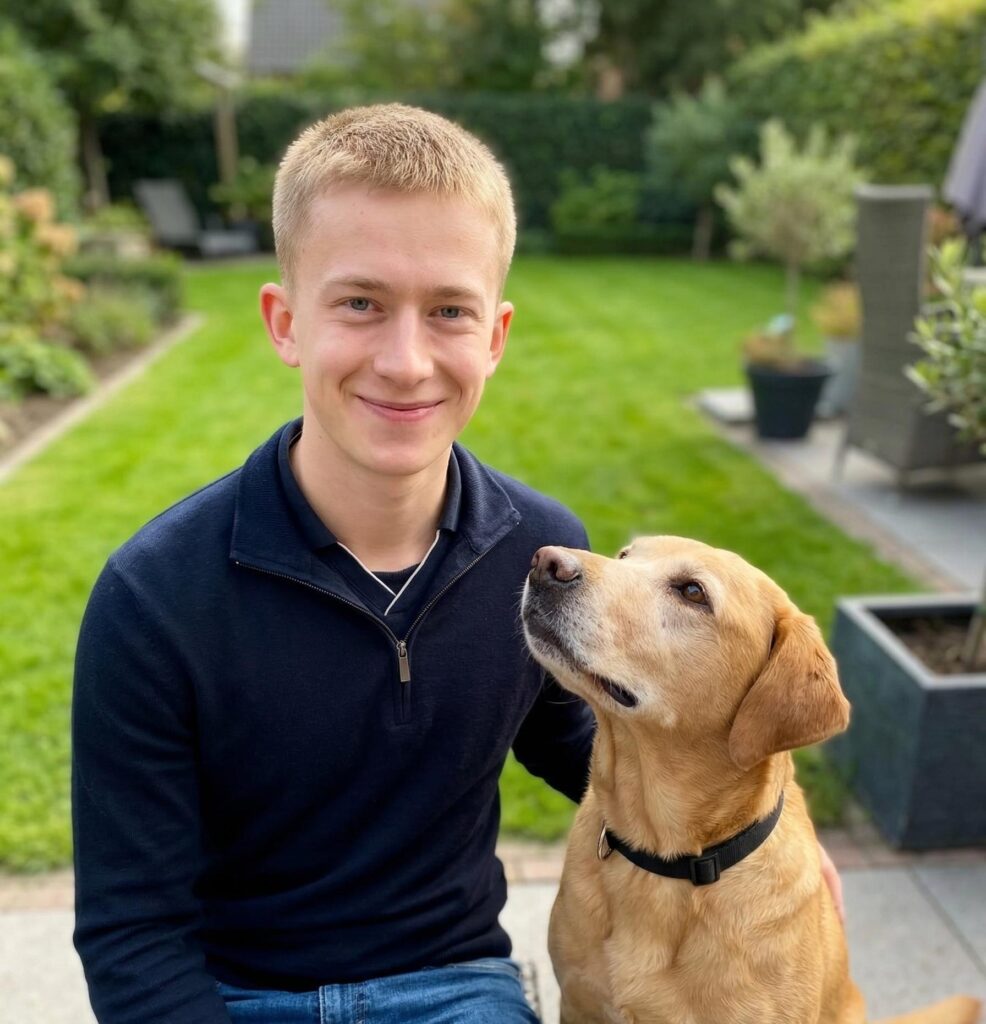 Ung dreng smiler i baghaven med en gylden labrador, hunden kigger kærligt op mod ham