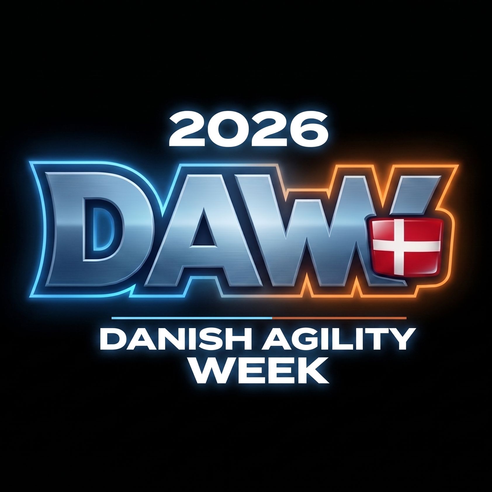 2026 DAW-logo: Dansk agilityuge i metalliske bogstaver med dansk flag-skjold