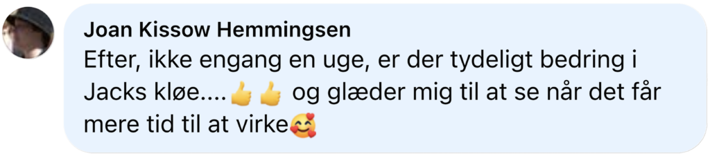 Profilkommentar på dansk om hurtig bedring i kløe efter under en uge, to 👍👍 og smil med hjerter