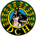 Logo med schæferhoved i blå cirkel omgivet af gyldne laurbærblade og DCH