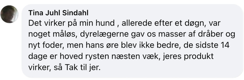 Dansk kundeudtalelse: produkt hjalp hundens øreproblemer og næsten fjernede hovedrysten efter 14 dage
