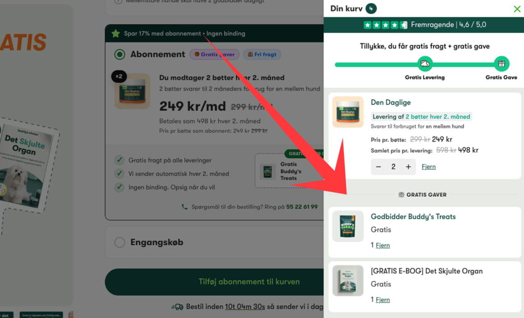 Checkout med abonnement 249 kr/md og gratis Godbidder Buddy's Treats fremhævet med rød pil