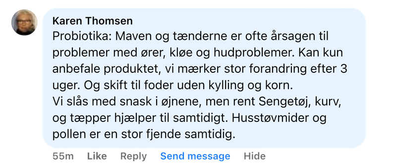 Kommentar om probiotika til kæledyr: markant forbedring af hud, ører og allergi-symptomer efter 3 uger