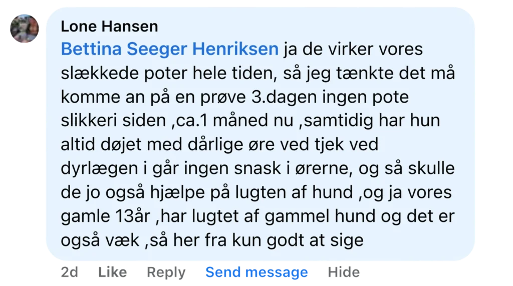 Kommentar fra bruger om probiotika til hund: mindre slikken, forbedrede ører, bedre lugt og positive resultater