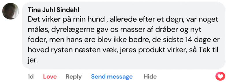 Brugeranmeldelse: hundens øreproblemer og hovedrysten bedret efter 14 dage, produkt virker