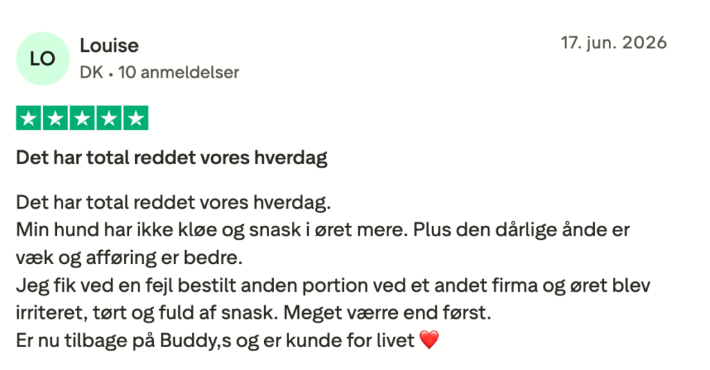 5-stjernet dansk kundeanmeldelse om hund: ingen kløe eller snask i øret, bedre afføring, tilbage hos Buddy's