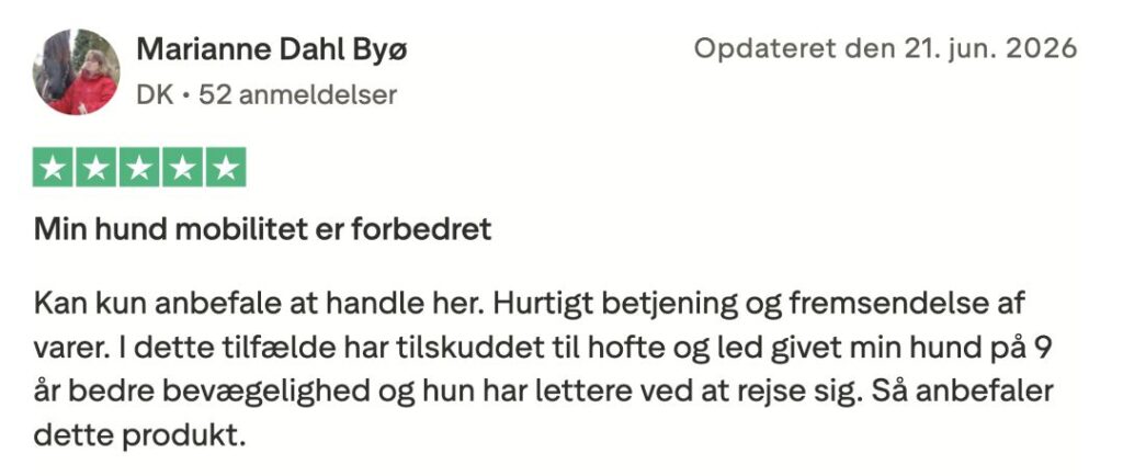 Dansk femstjernet anmeldelse af hofte- og ledsupplement, som forbedrede mobiliteten hos en 9-årig hund.